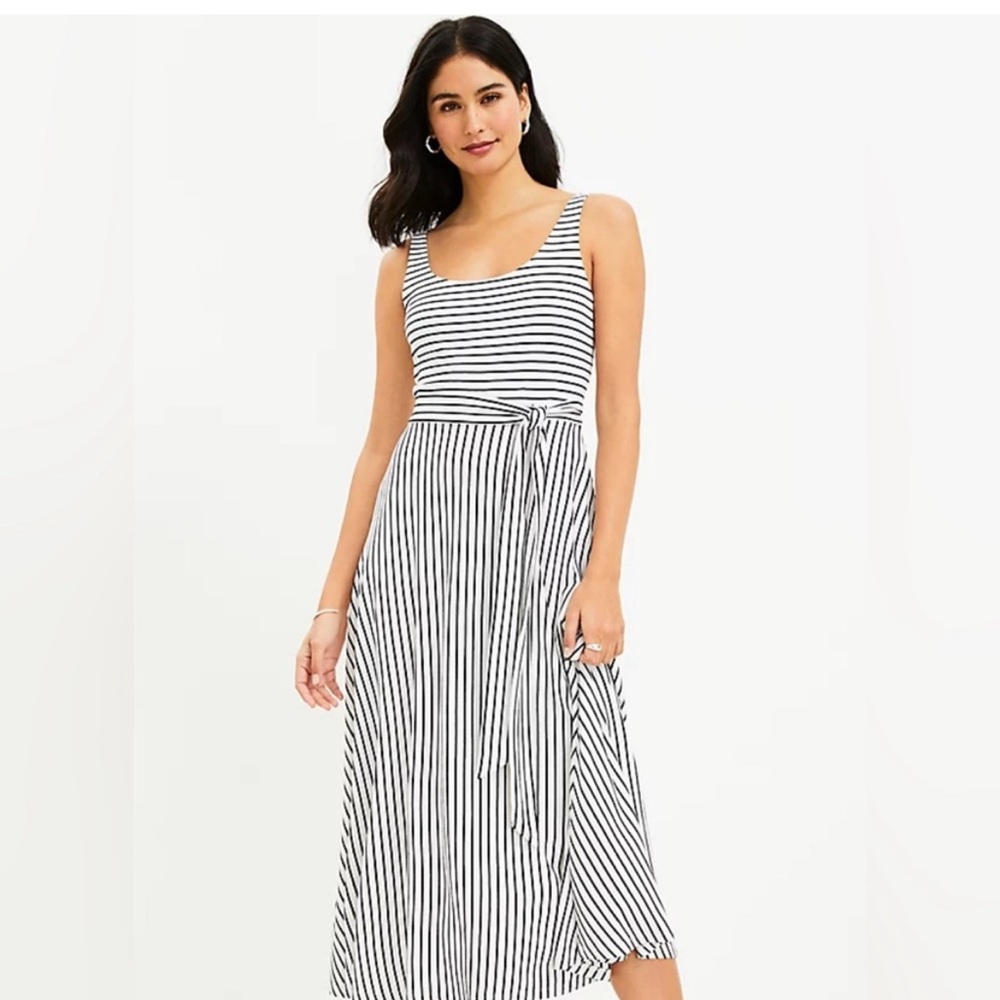 NWT $89 Loft Striped Tie Waist Sleeveless Dress - Black/White, Women’s Size XL